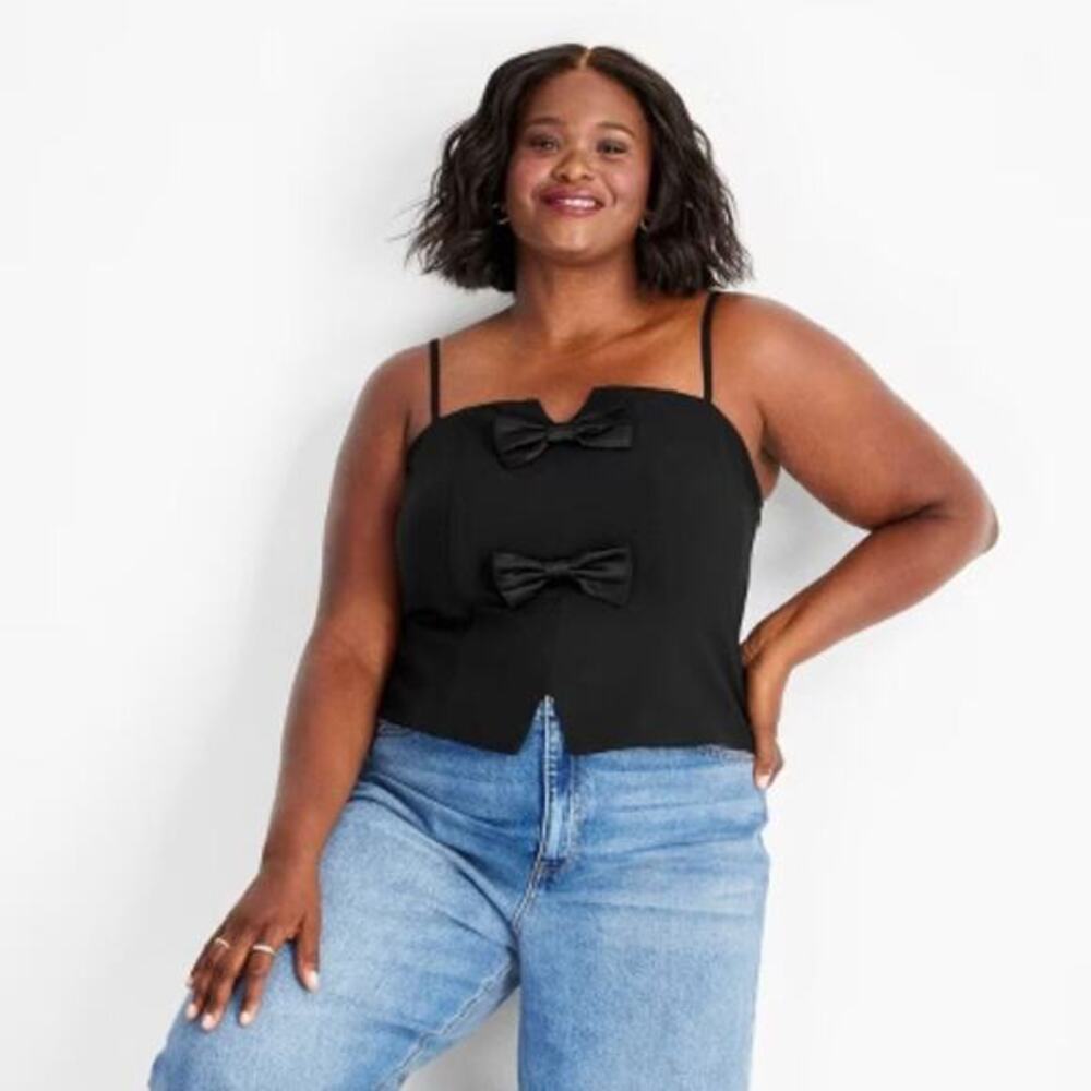 Future Collective Women's Holiday Bow Front‎ Tank Top Black Size 1X